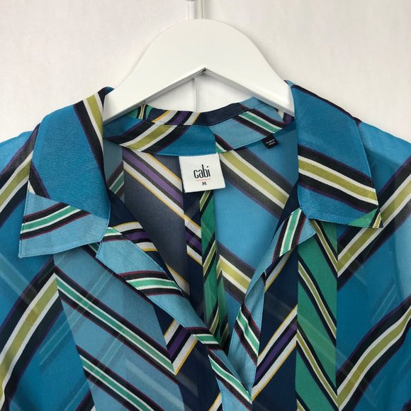 CAbi Blue Multi Diagonal Stripe Collared Sleeveless Blouse Size Medium - Picture 5 of 14